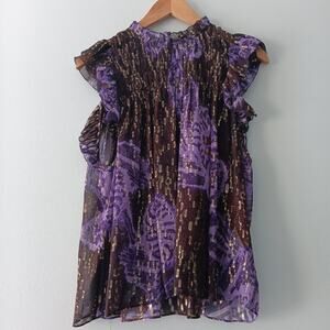 Ulla Johnson Violet Sheer Silk Top w/ Gold Metallic Embellishments 8